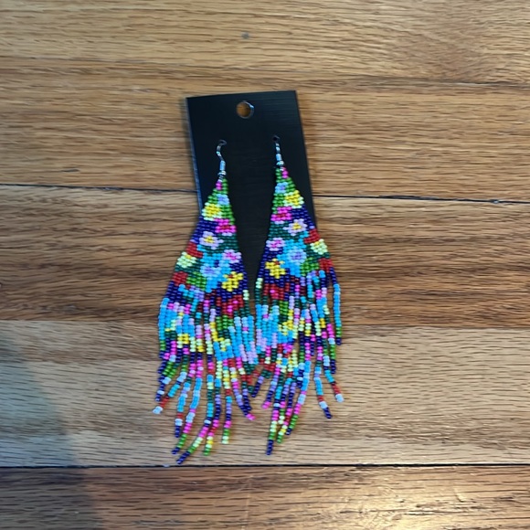 Handmade Navy Rainbow Floral Seed Bead Dangle Earrings - Picture 6 of 11